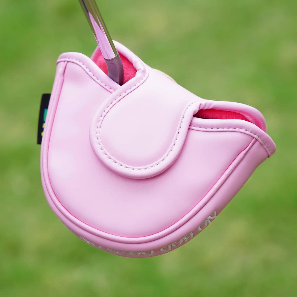 Pink mallet putter cover with curved top opening and stitched handle loop.