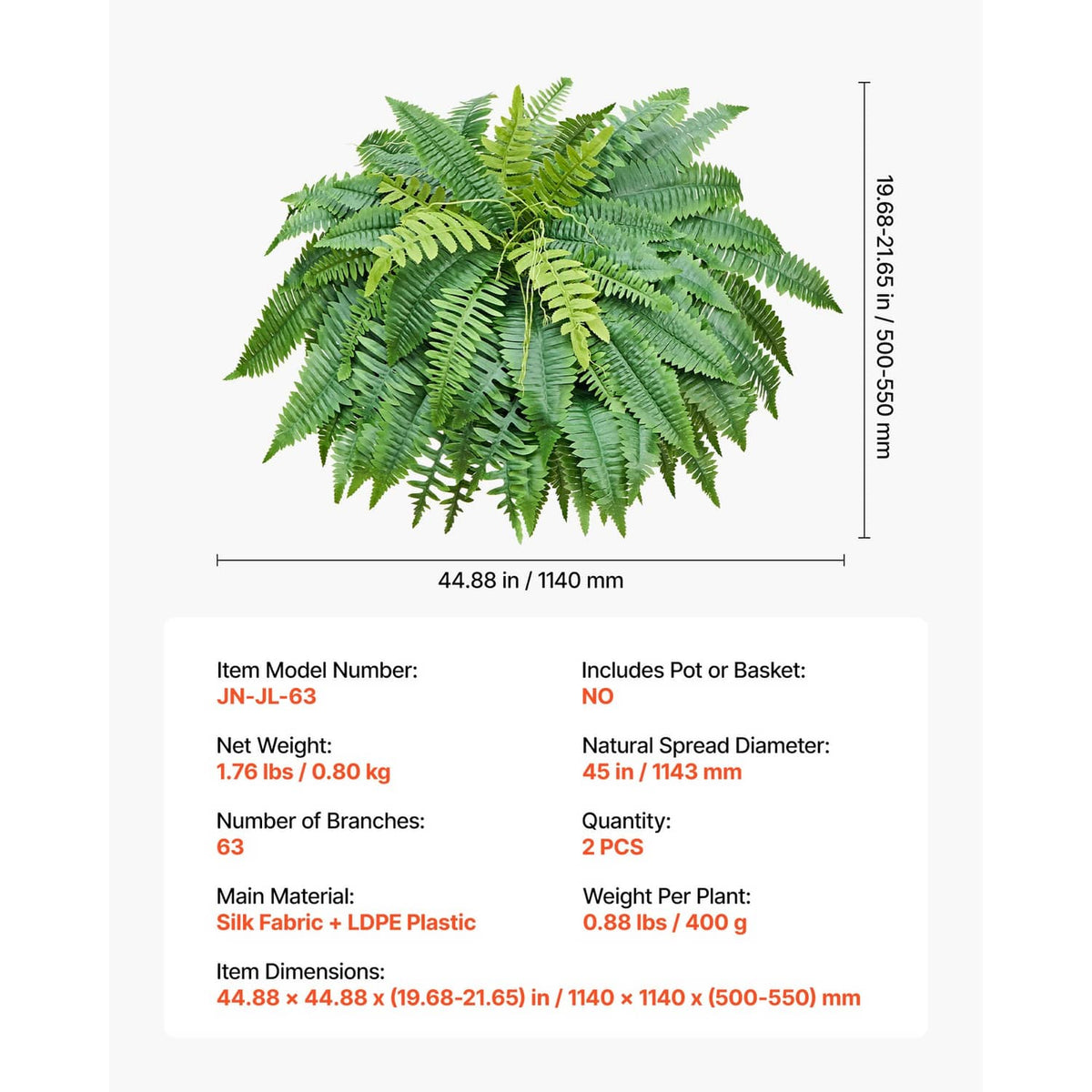 Artificial green fern plant with dimensions, 63 fronds, 45 in tall