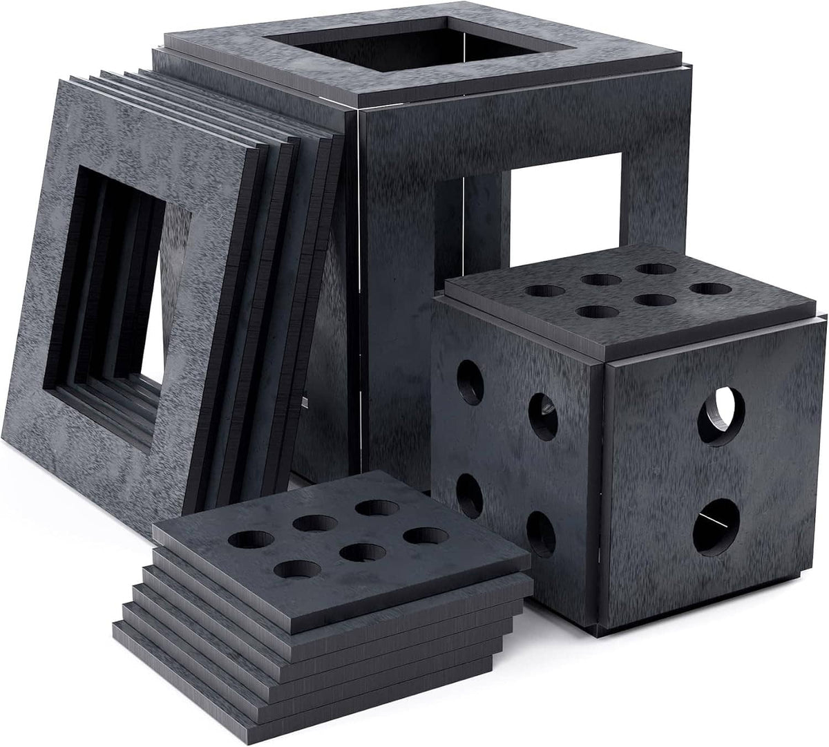 Welding practice coupon kit with perforated steel plates and stacked dark gray blocks