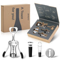 Wine opener set with silver corkscrew tool, black handles, plus stoppers in box