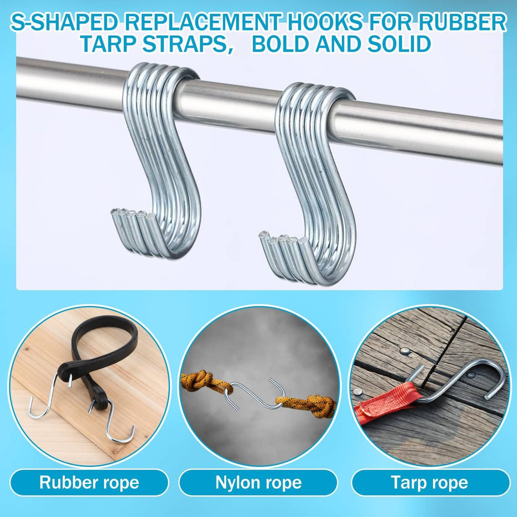 Pair of light blue S-shaped tarp strap replacement hooks with coiled springs