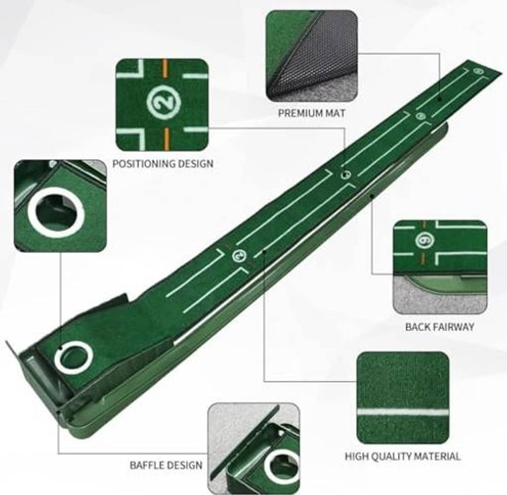 Green golf putting green mat with textured surface, alignment guides, and back-fairway end