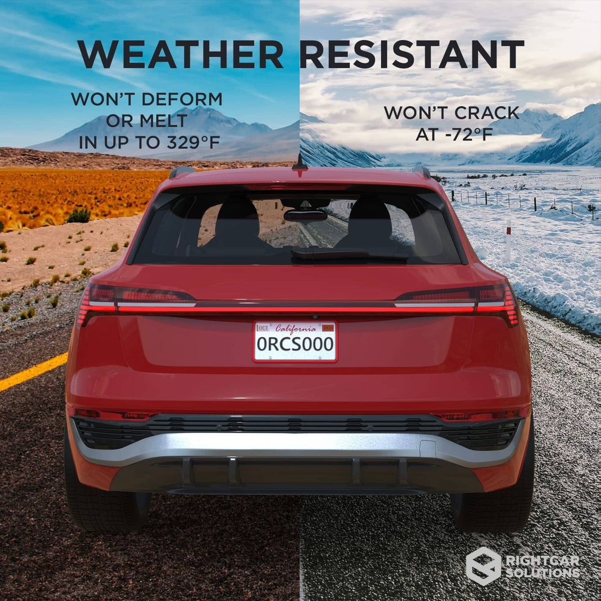 Red silicone license plate frame on car rear, weather resistant fit