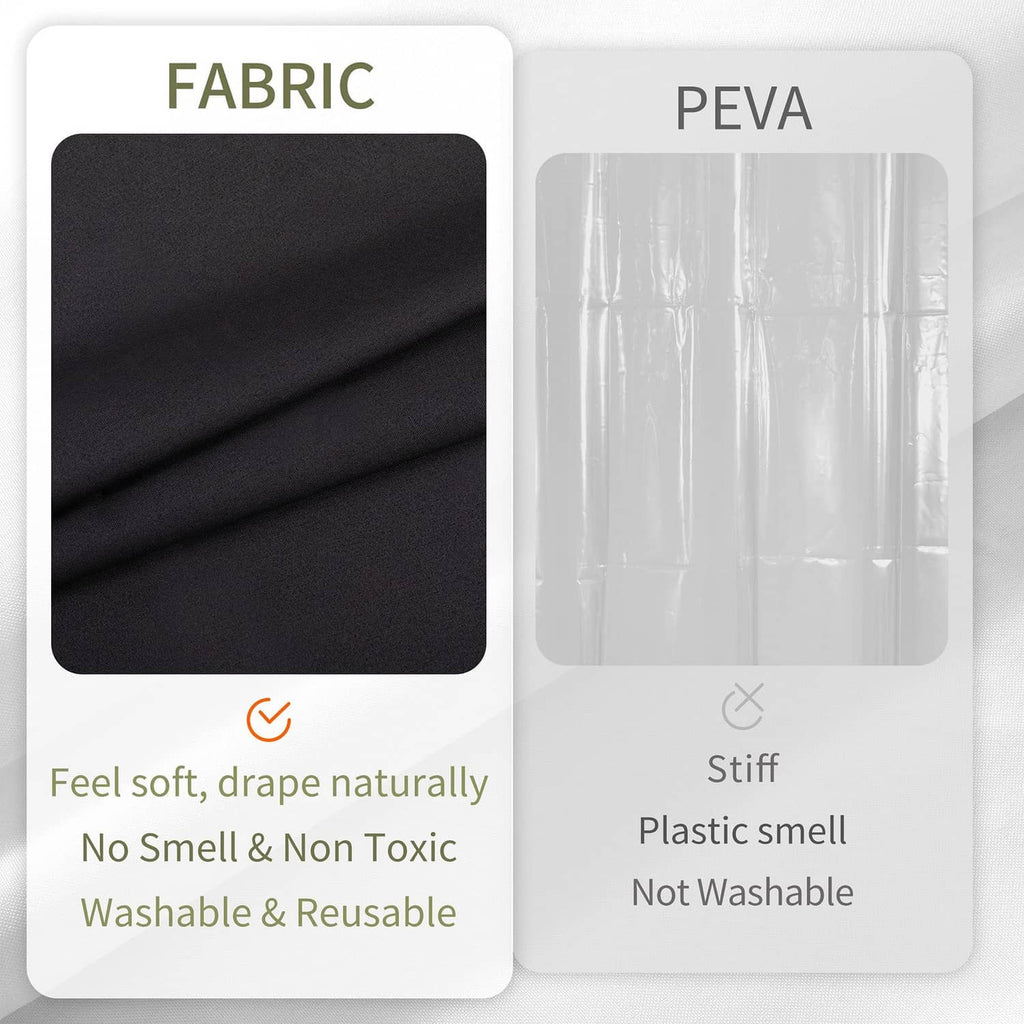 Black shower curtain fabric panel beside PEVA waterproof liner card