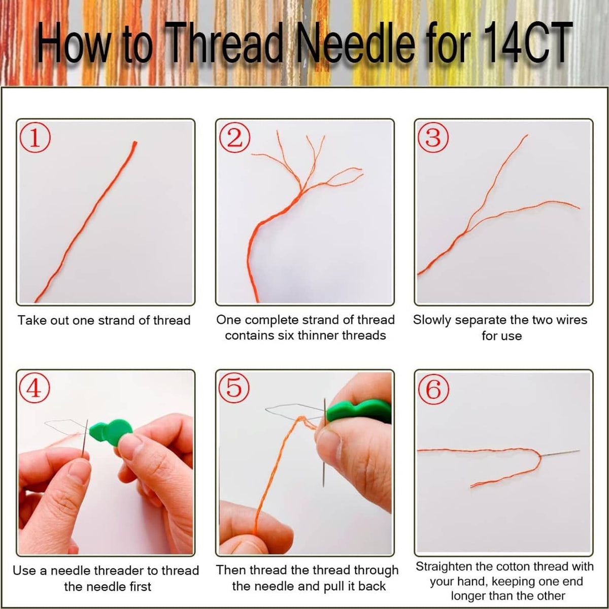 How to thread needle steps for 14ct cross-stitch, with needle and floss diagrams