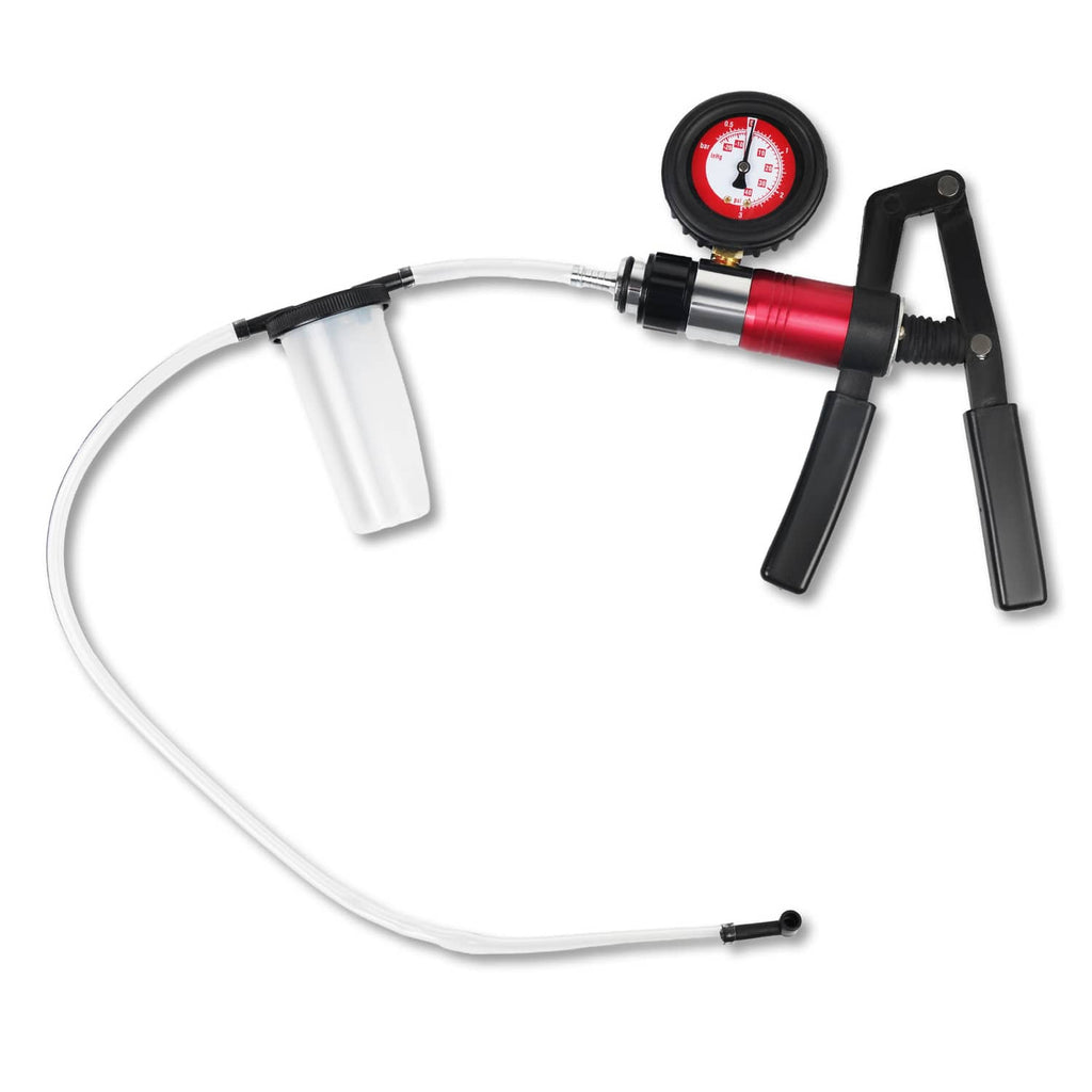 Hand-held vacuum bleeder pump with clear hose, bottle, and pressure gauge