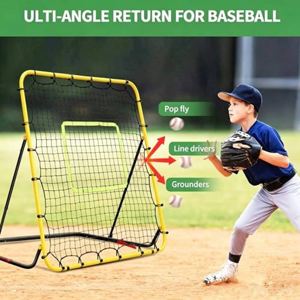 Baseball rebounder net with yellow frame, white mesh, green target square, black base