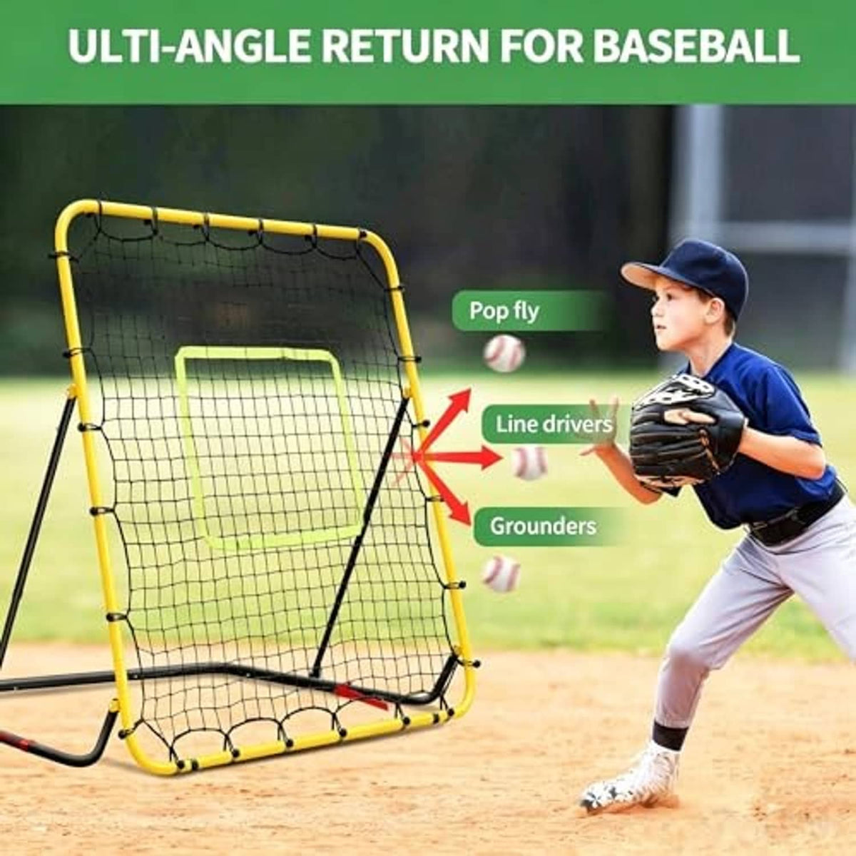 Baseball rebounder net with yellow frame, white mesh, green target square, black base