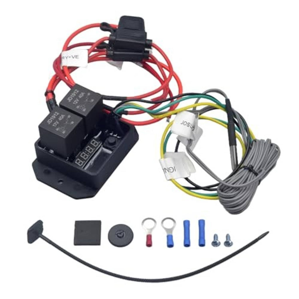 Radiator fan controller switch kit with module, multi-color wires, and mounting parts