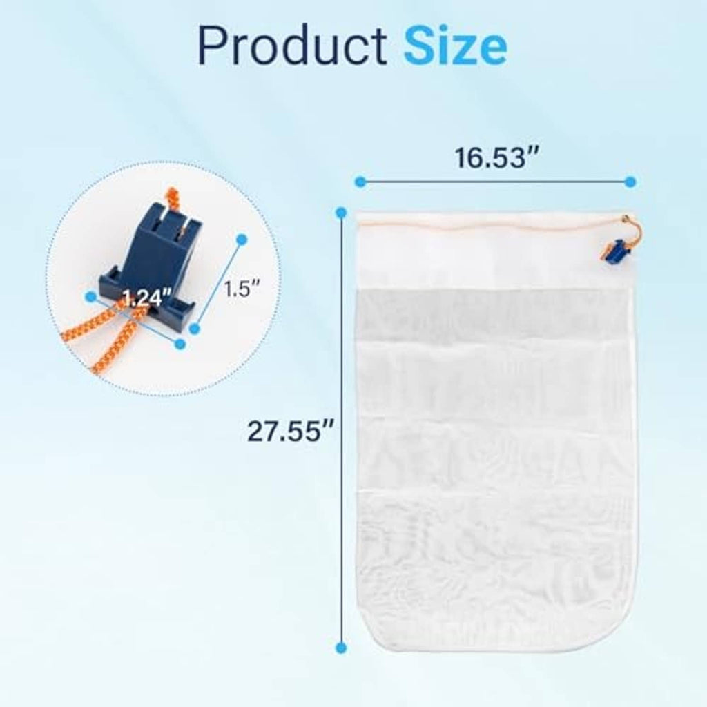 White mesh pool vacuum filter bag with blue-and-orange drawstring, size shown