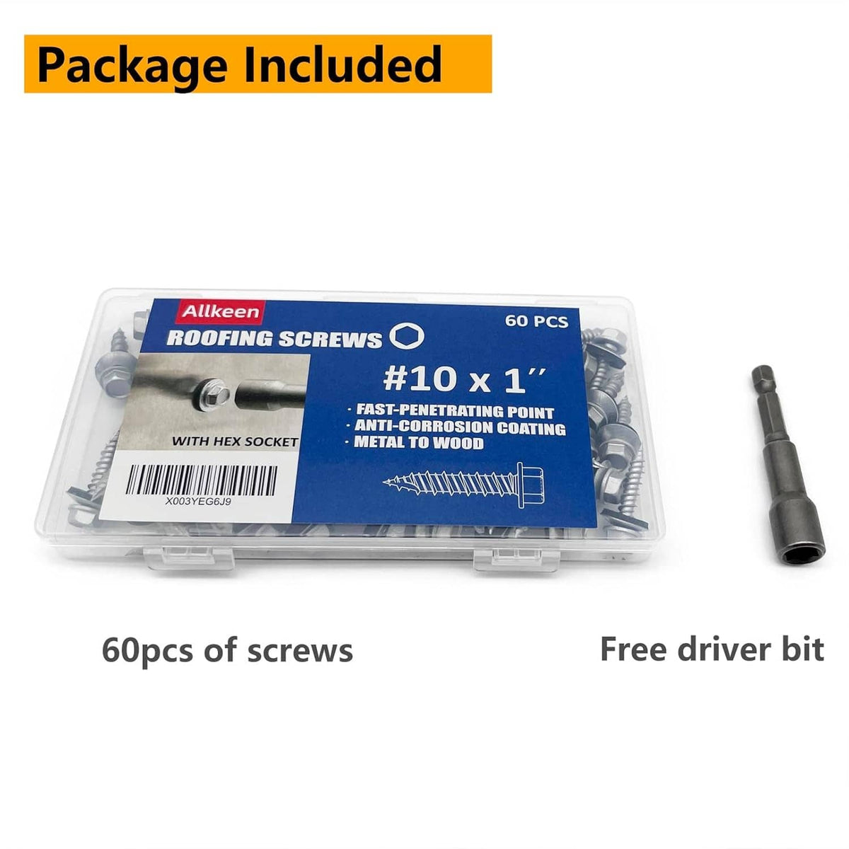 60-piece roofing screw set with hex head, rubber washer, and hex drive bit
