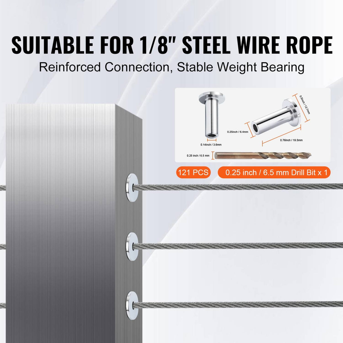 Pack of stainless steel wire rope sleeves and drill bit for 1/8 in steel wire