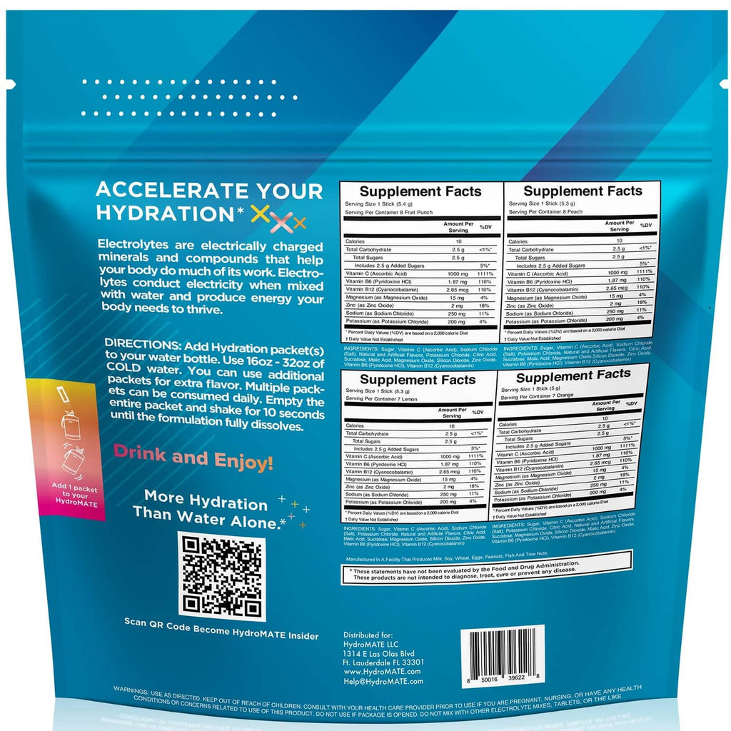 HydroMATE electrolyte variety pack back label with supplement facts and directions