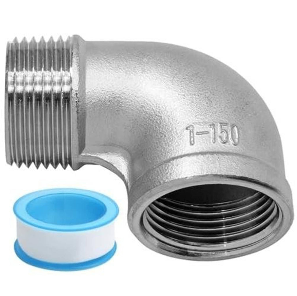 Stainless steel 90-degree elbow fitting with NPT male threads and internal NPT opening