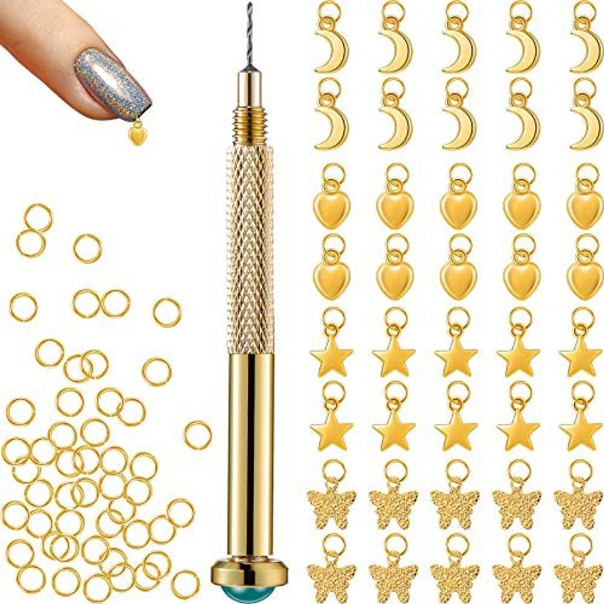 Gold nail rings with charm pendants plus piercing tool, assorted ring sizes shown