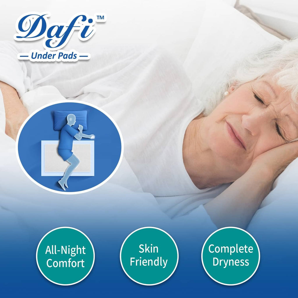 Dafi underpads disposable pad on bed with person resting on top