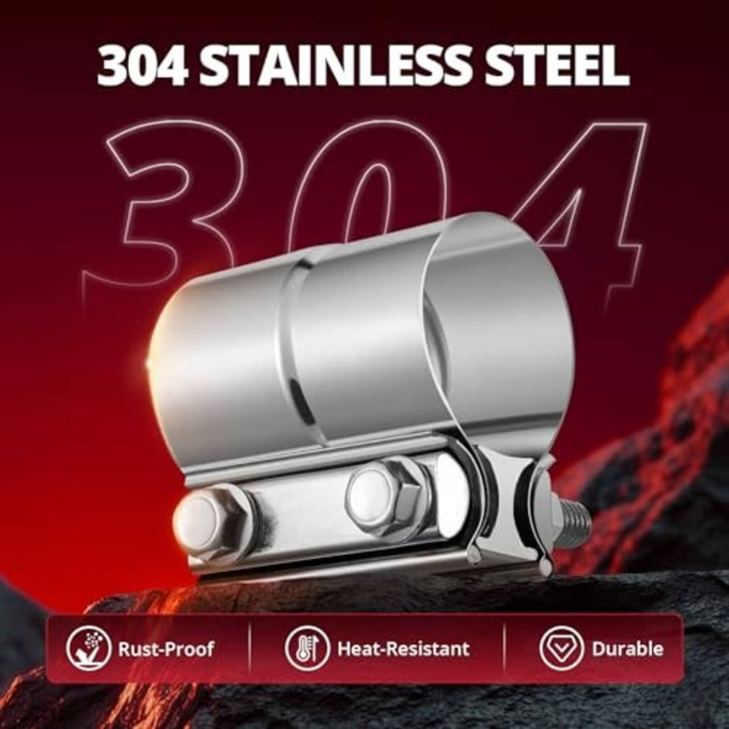 Stainless steel exhaust clamp with black gasket and two-bolt band