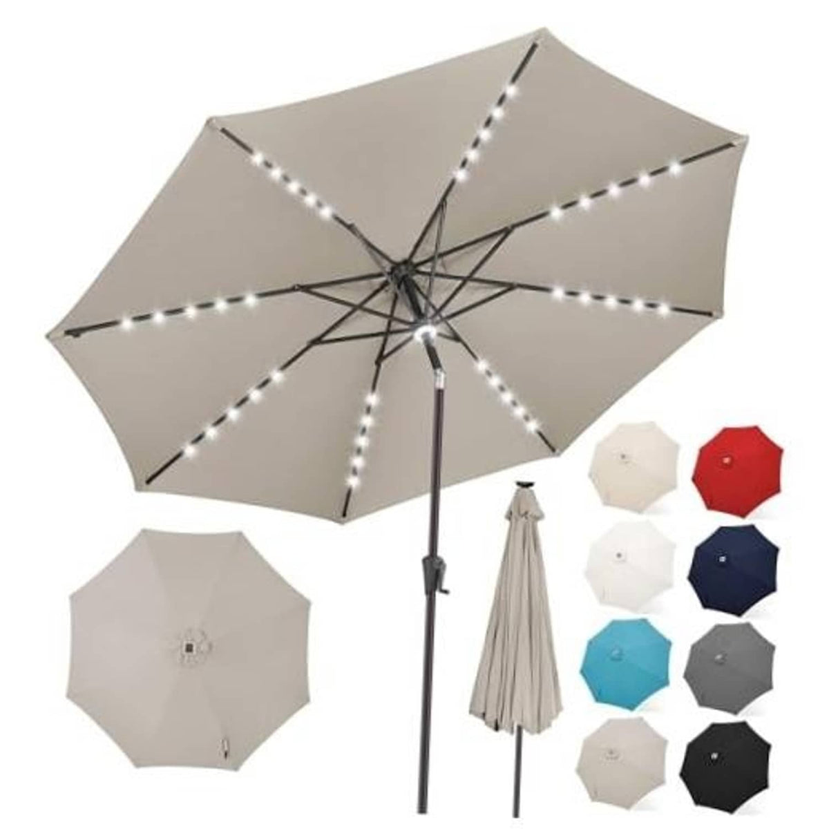 Taupe 9 ft patio umbrella with center light and white LED string lights