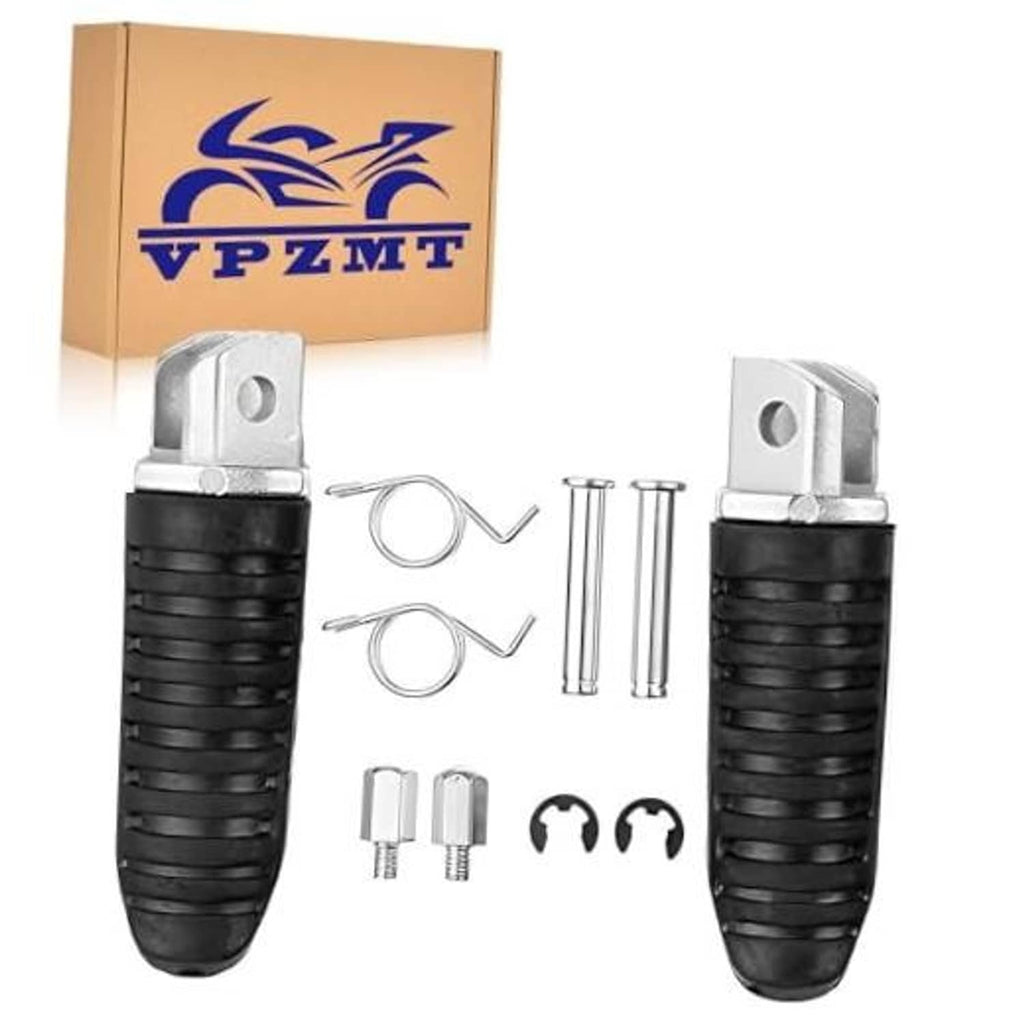 Front foot pegs with black rubber grips and silver mounting brackets, includes springs and hardware.