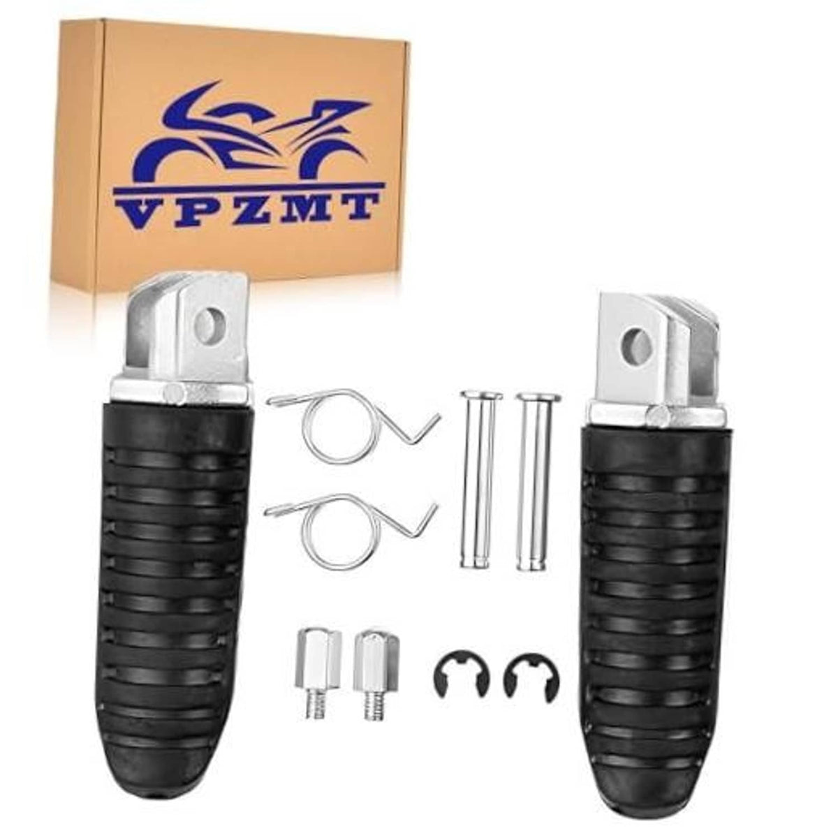 Front foot pegs with black rubber grips and silver mounting brackets, includes springs and hardware.