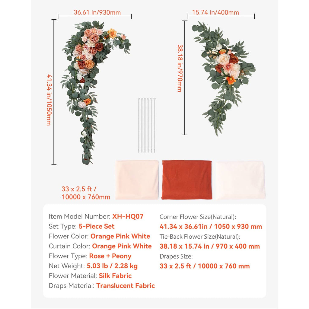 Wedding arch flower corner set with orange, pink, and white roses and eucalyptus leaves