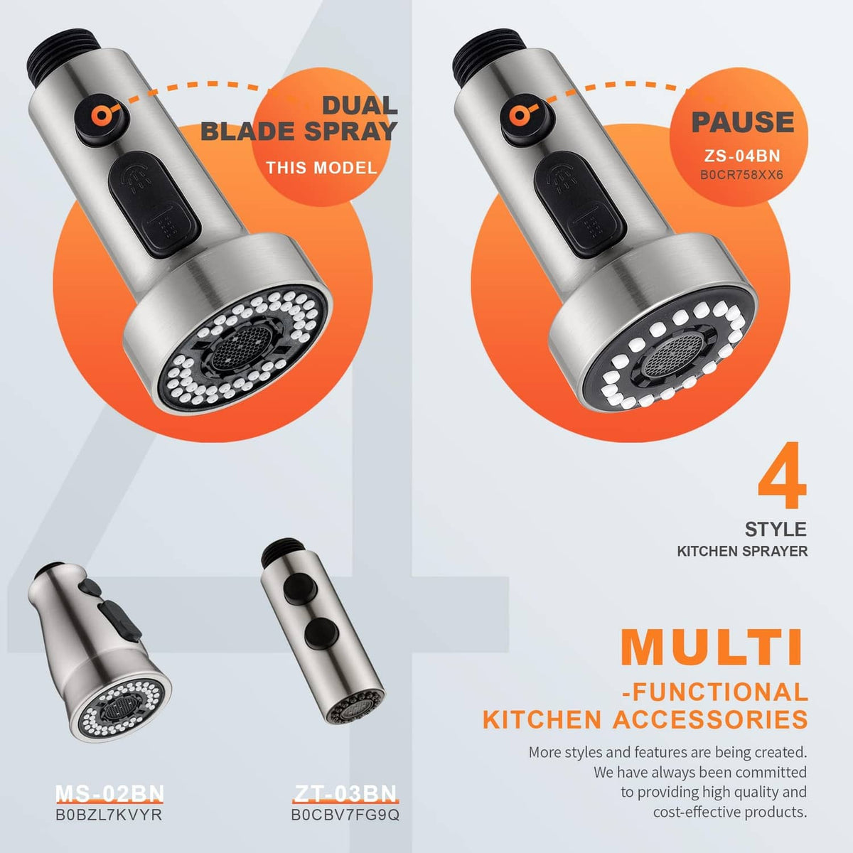 Brushed nickel dual-spray kitchen sprayer head with two spray patterns on nozzle face