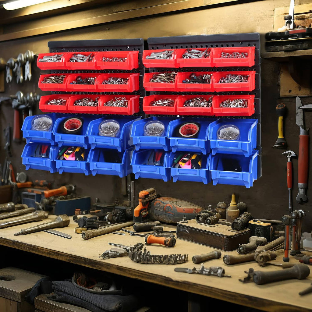Maxworks 80694 30-bin wall-mount parts rack on wall with red top and blue bottom bins.