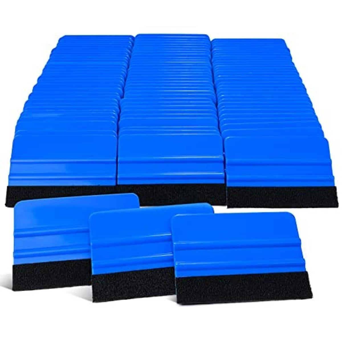 Stack of blue ribbed squeegees with black felt backing pads