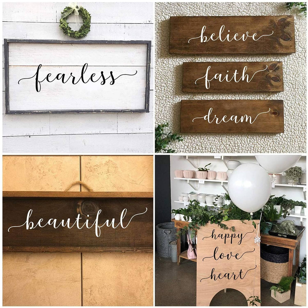 Wood sign stencils with words fearlessness, believe, faith, dream, beautiful