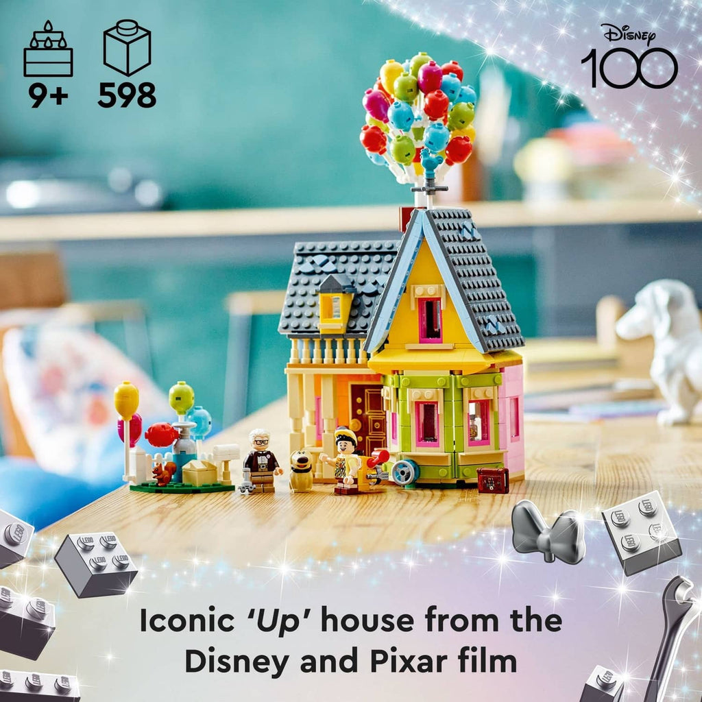 LEGO Up house model with balloon bunch on top and colorful doorways with minifigures