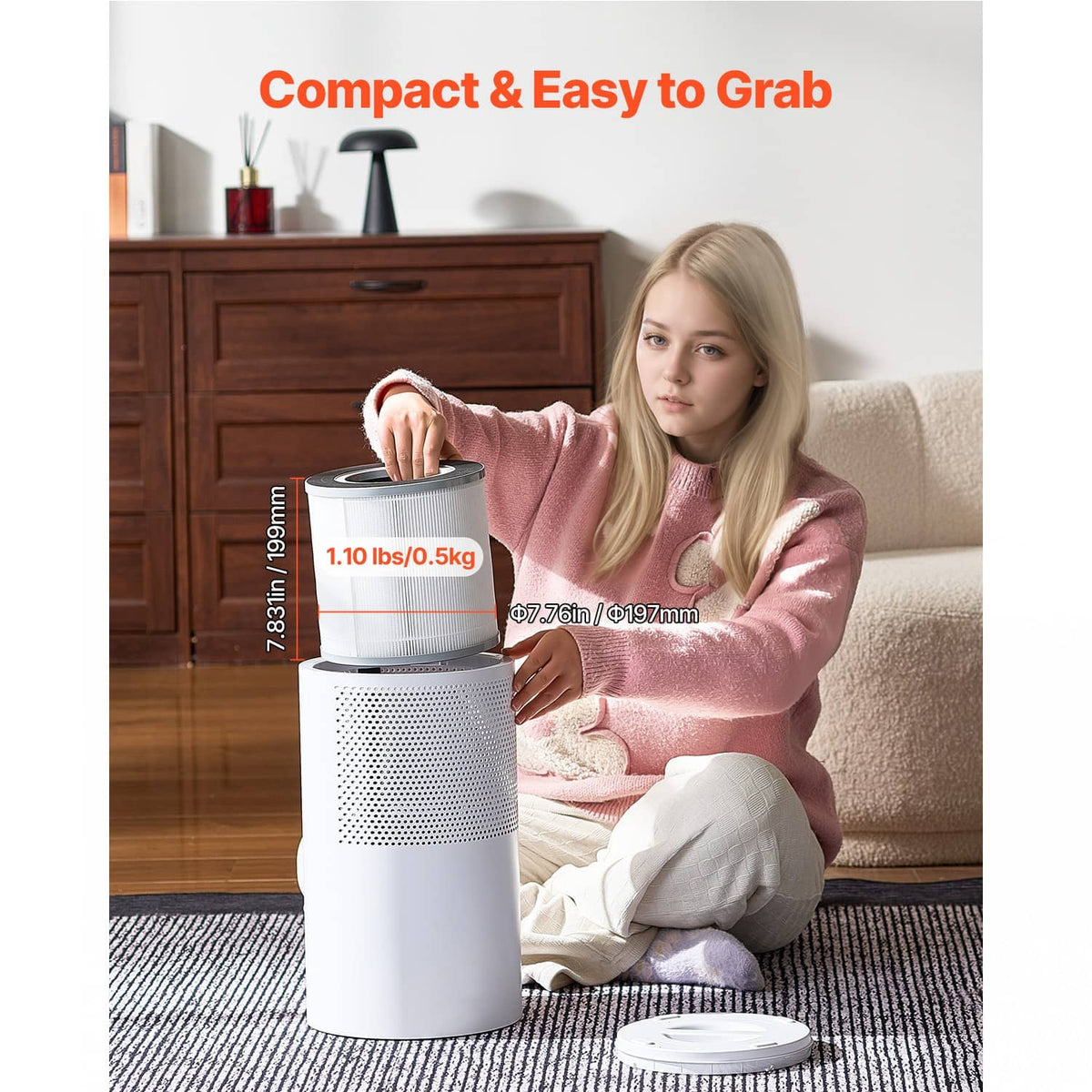 Replacement air filter cartridge, cylindrical white pleated filter with dark rim on top
