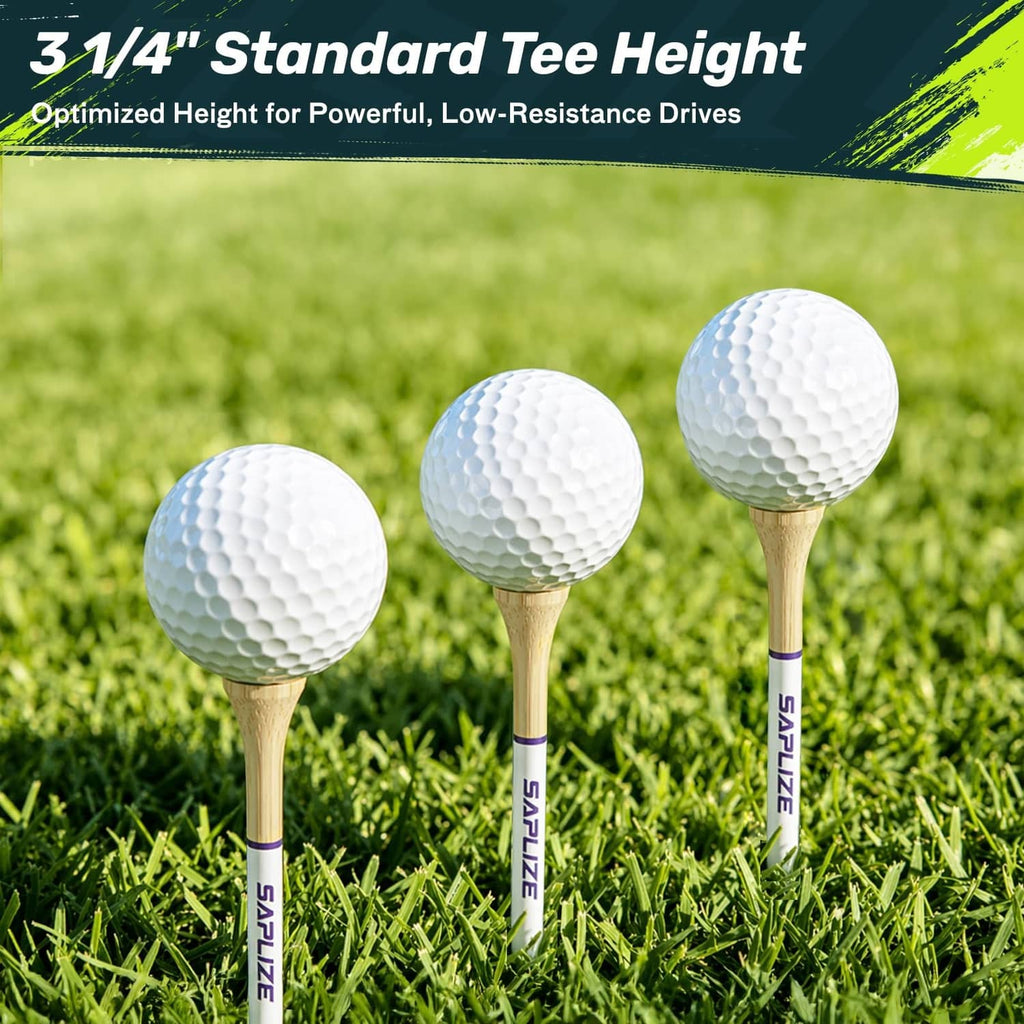 SAPLIZE 3-1/4 in standard golf tees with white tips and purple bands on grass.