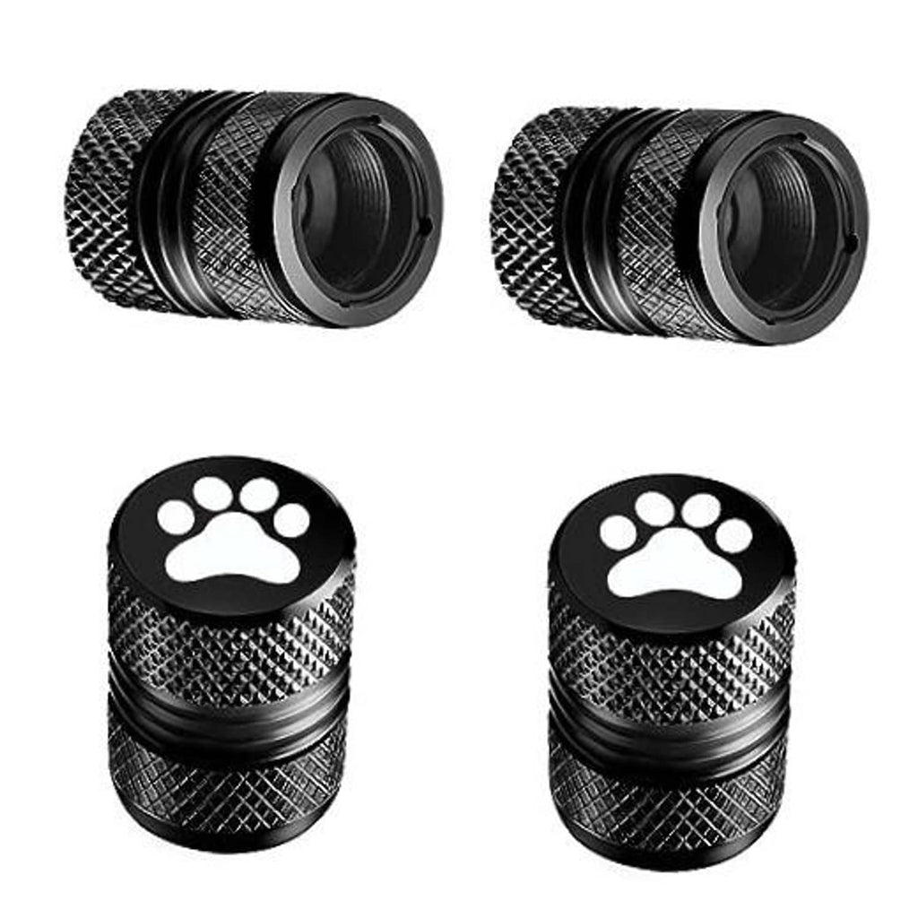 Black tire valve stem cap set with paw-print emblem and textured knurled body