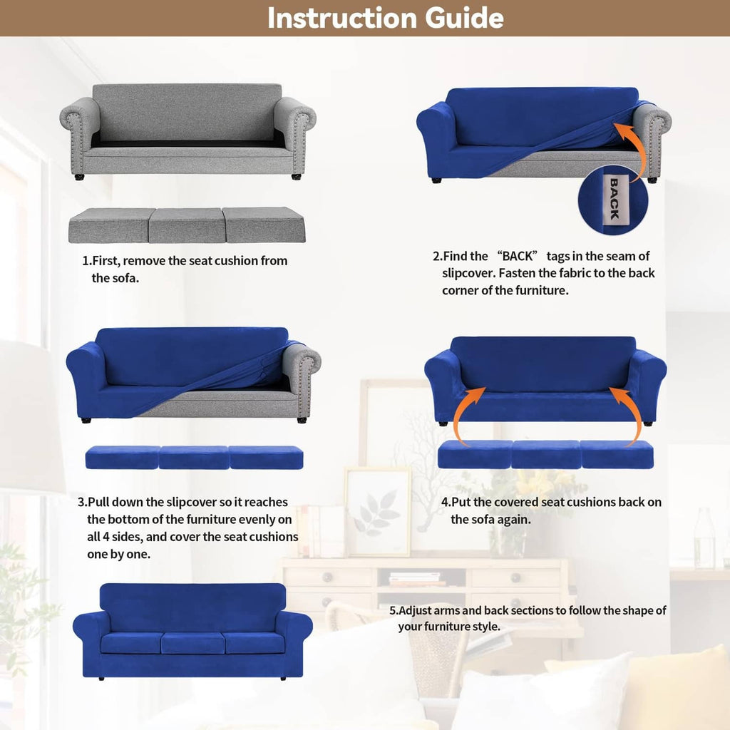Royal blue 3-cushion sofa cover installation steps, elastic seat and back fit