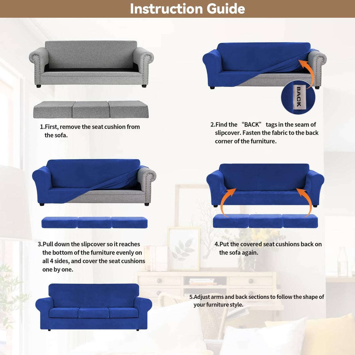Royal blue 3-cushion sofa cover installation steps, elastic seat and back fit