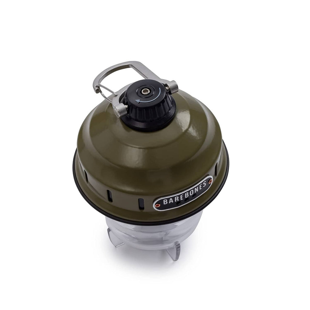 Olive drab vintage LED camping lantern top with carrying handle and Barebones badge