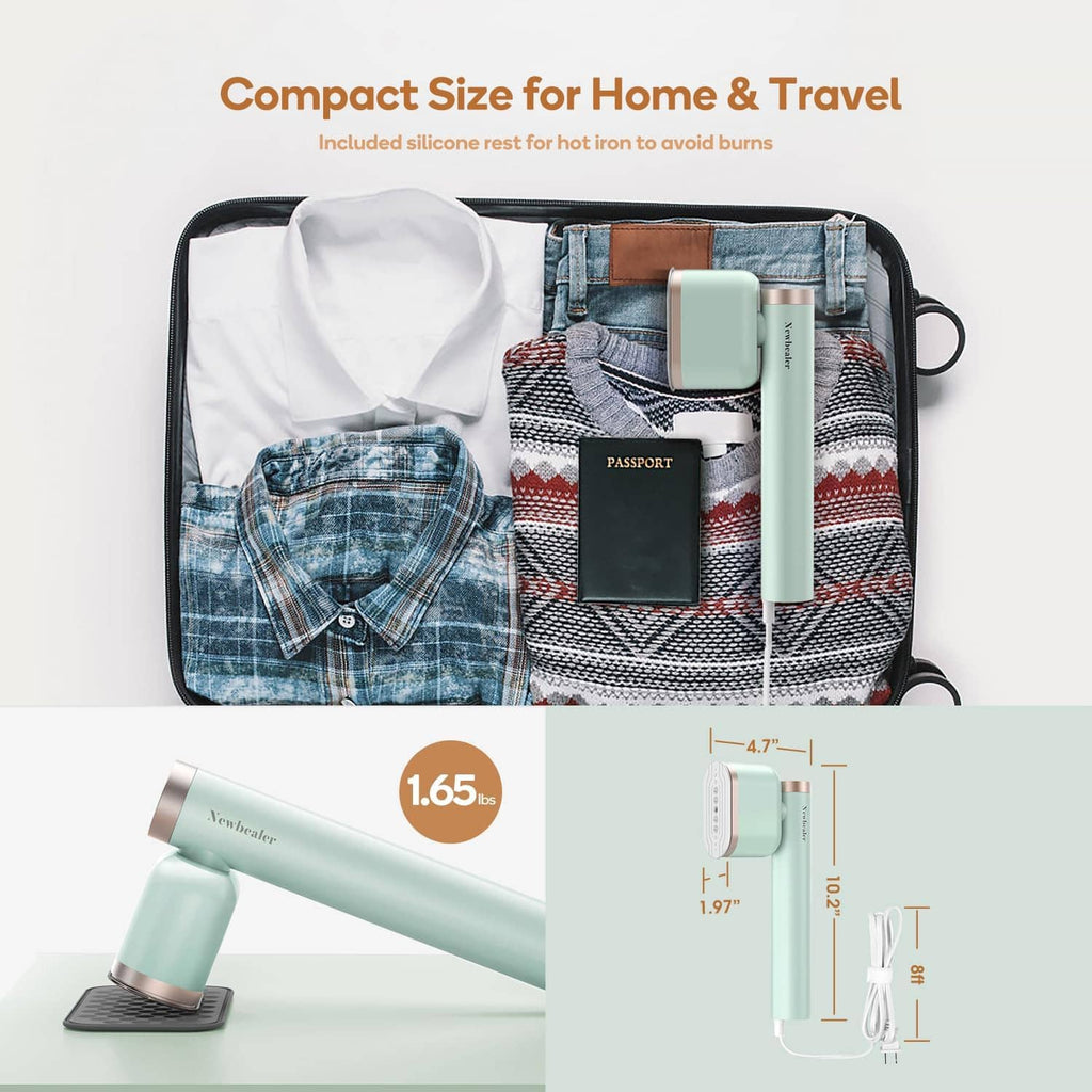 Mint clothes steamer designed for travel, shown with included accessories