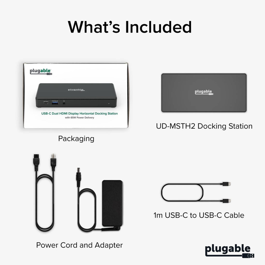 Docking station packaging set with USB-C cables and power adapter in box