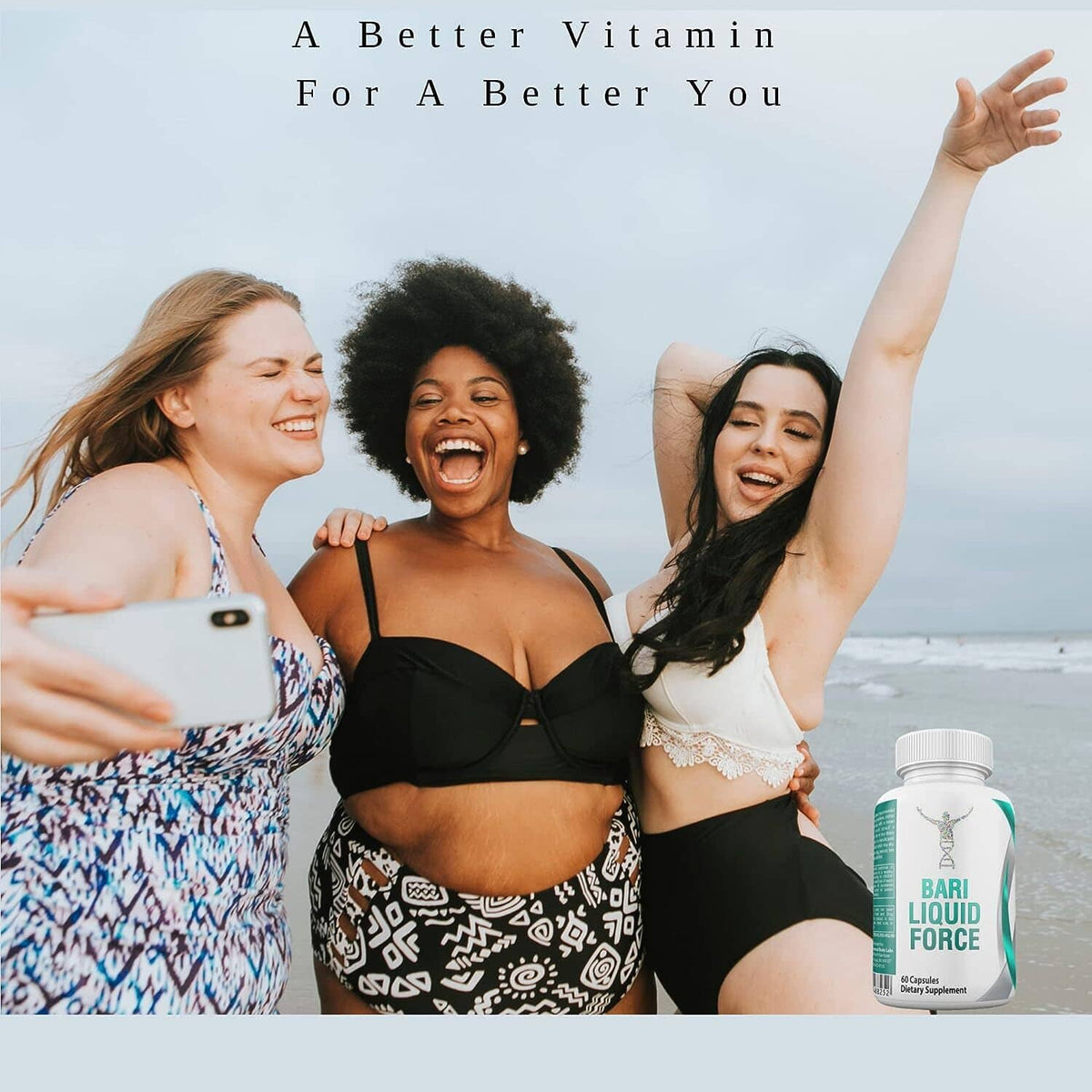 Bari Liquid Force multivitamin bottle on ground beside cheering women, white cap and green label
