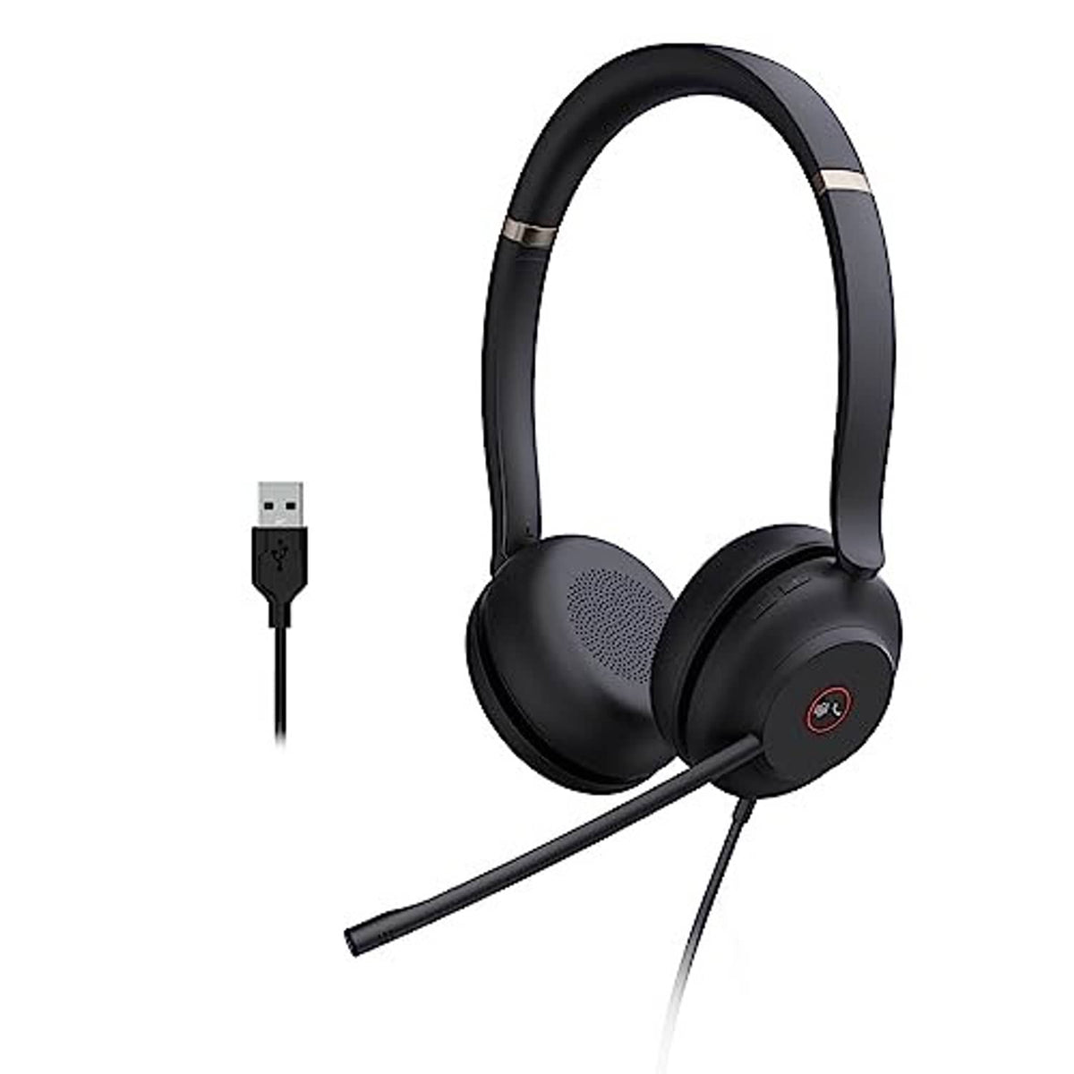 Black USB over-ear headset with boom microphone, USB cable plug, red earcup button