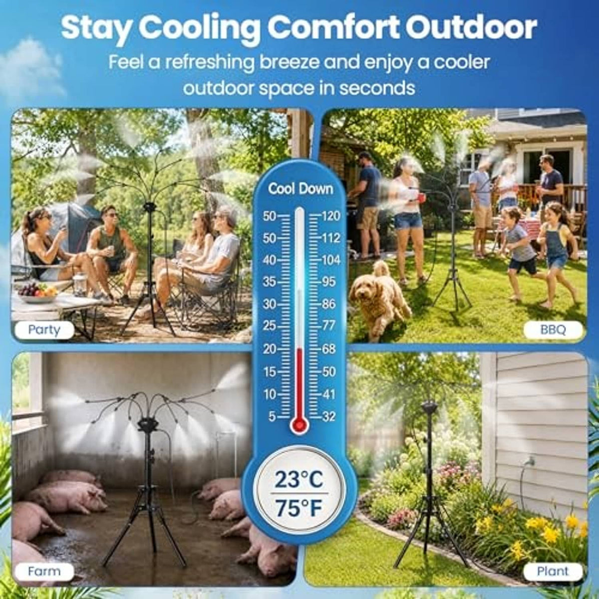 Outdoor standing misting system on tripod stand with spray head for backyard cooling