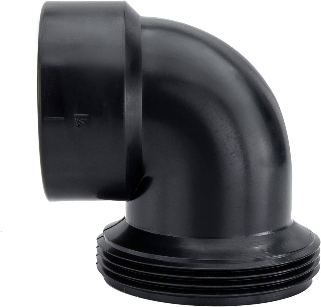 Black ABS 90-degree drain elbow with threaded mouth and flat base