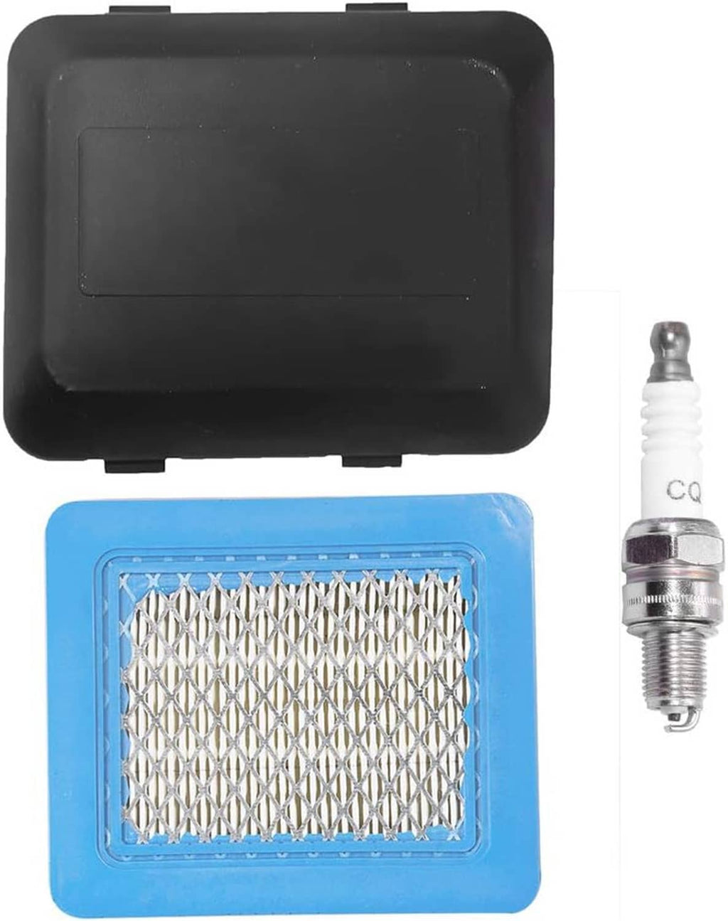 Air filter with blue frame, black cover, and spark plug