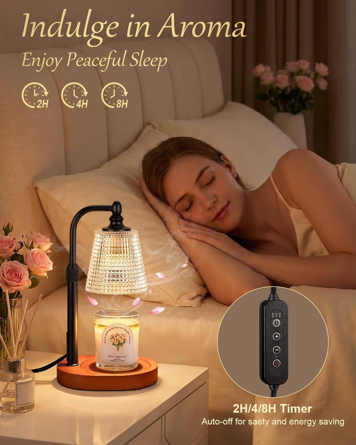 Candle warmer lamp on walnut base with lit jar candle and 2H/4H/8H timer