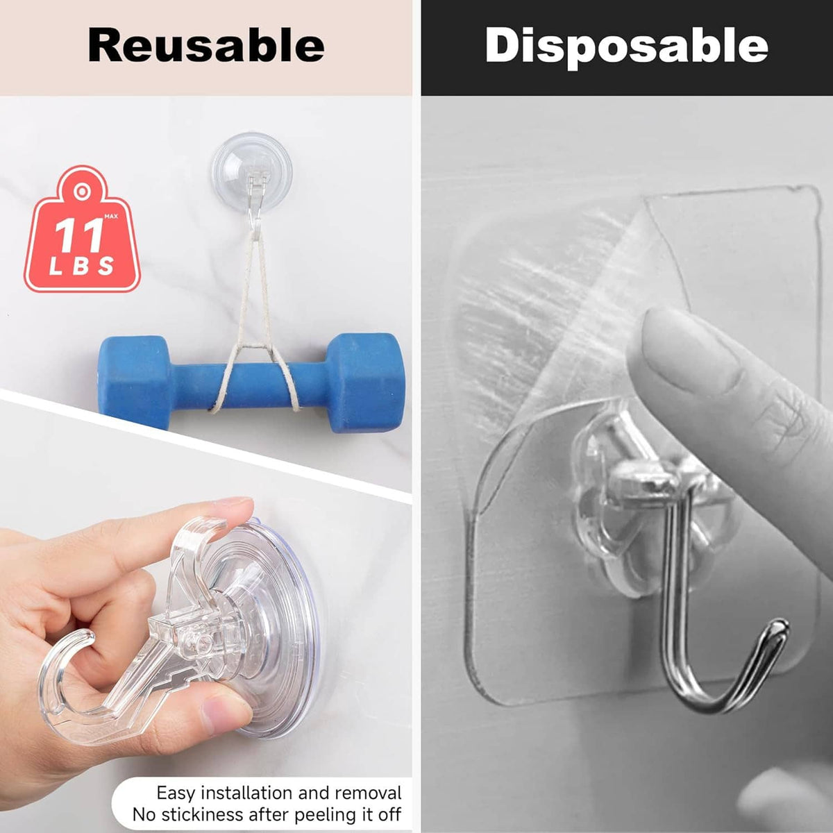 Transparent suction cup hook being removed by hand, with two hanging arms