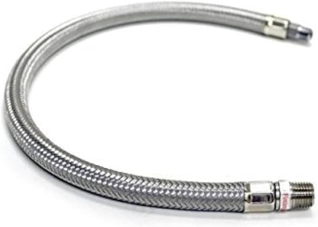 18-inch braided leader hose with metal fittings, silver-gray braided sheath