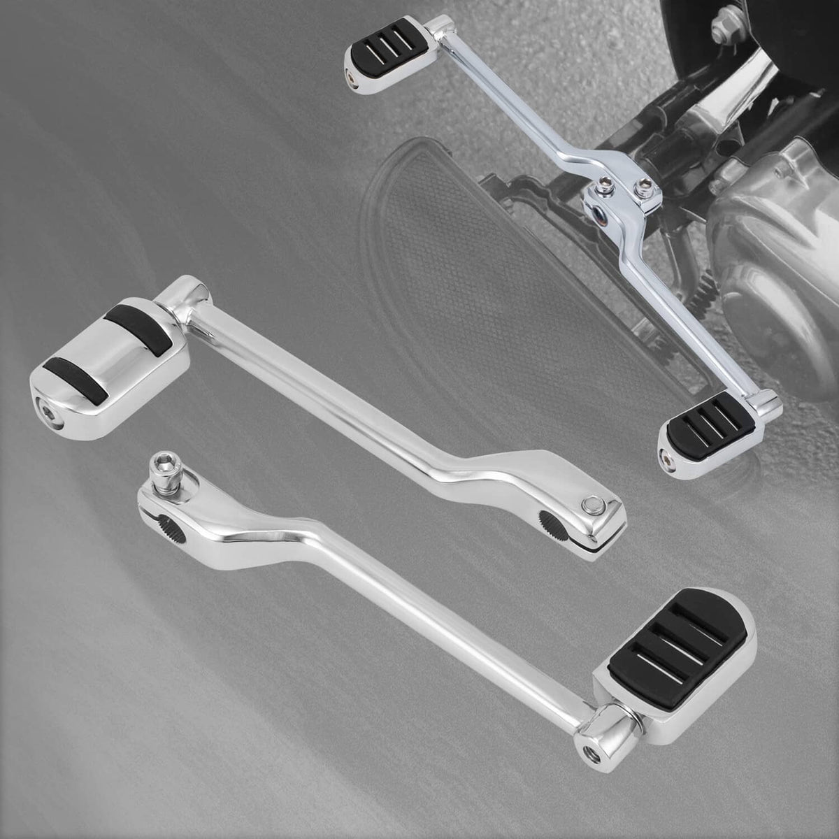 Motorcycle heel-toe shift lever kit with two black rubber pedals on chrome arms