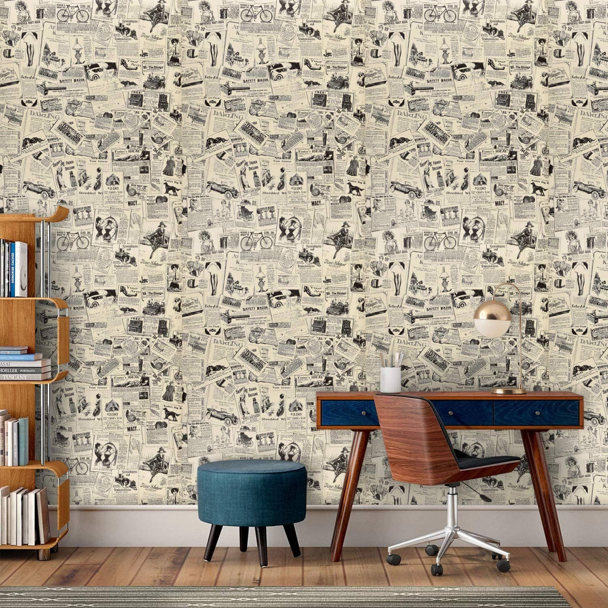 Newspaper-pattern wallpaper on an interior wall with desk, chair, and bookshelves