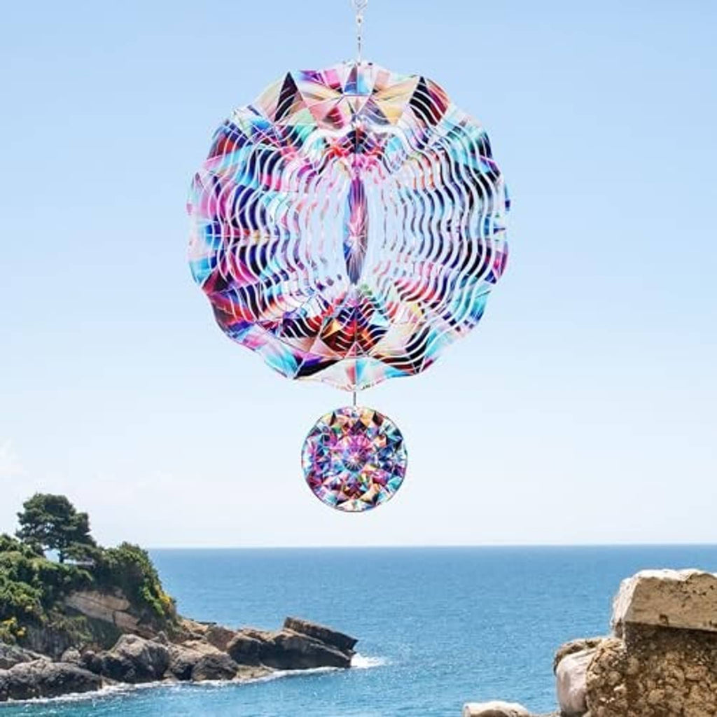 Rainbow 3D wind spinner pinwheel with hanging mini disc, suspended outdoors