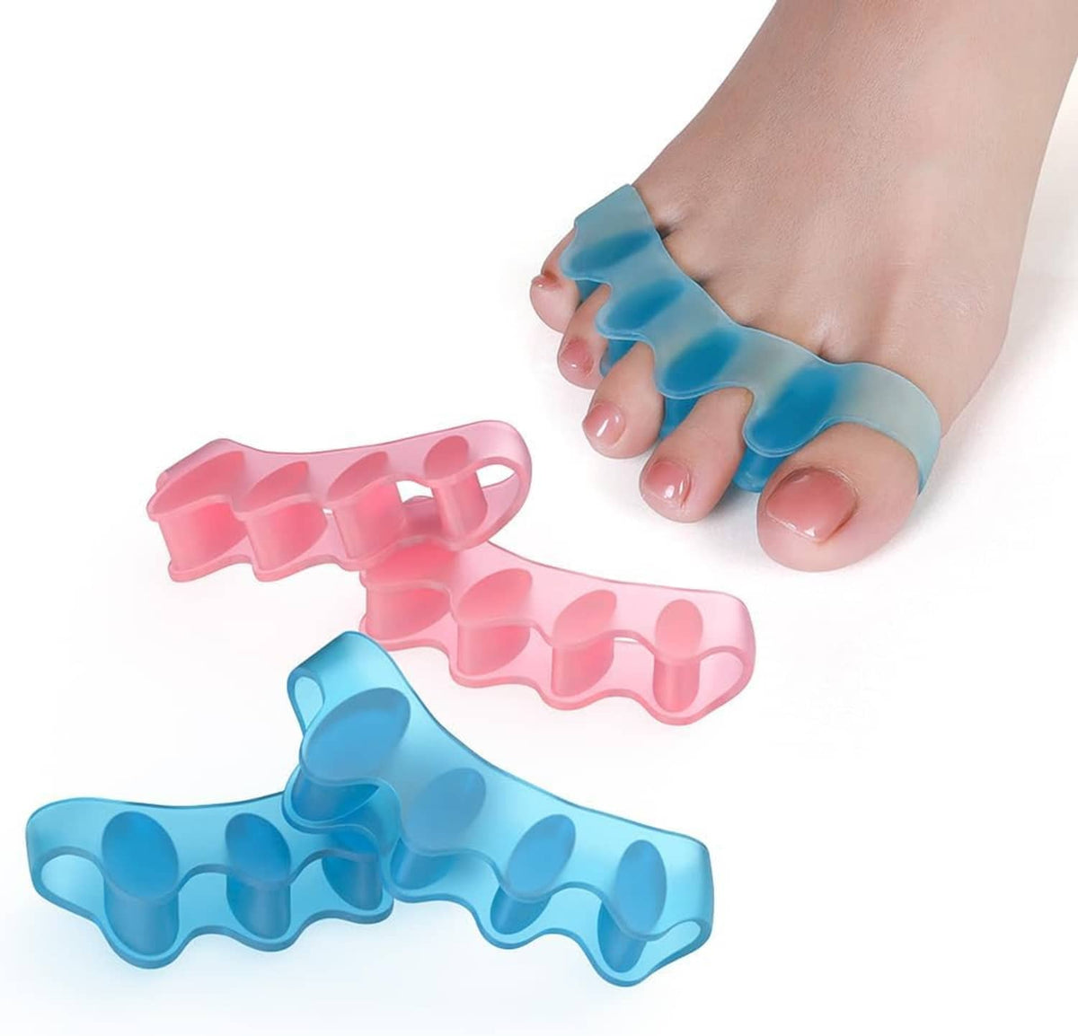Assorted pink and blue silicone toe spacers with looped dividers